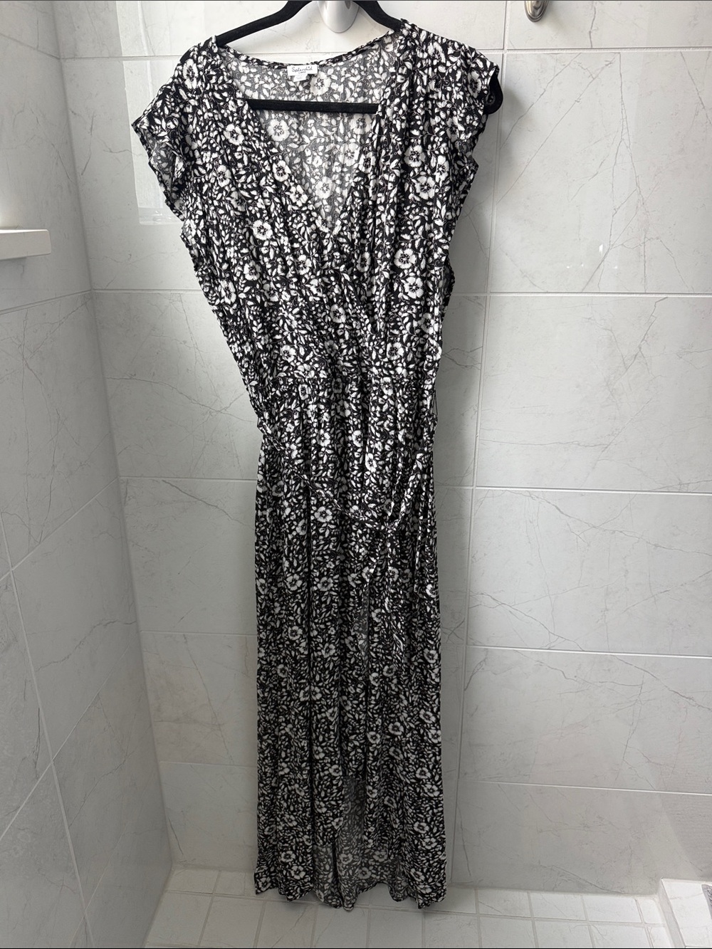 Splendid Black & White Floral Wrap Maxi Dress